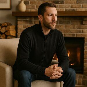 Grant Thomas Men's Sweater Black Size Medium Ribbed Full‎ Zip 100% Pima Cotton